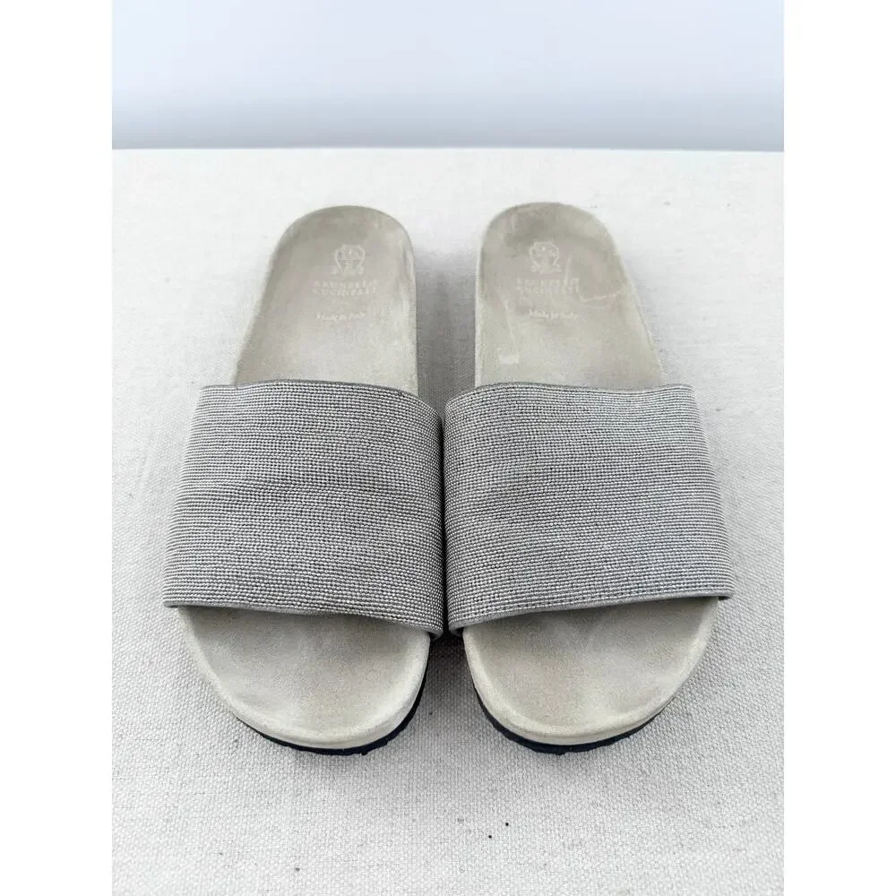 Brunello Cucinelli Anatomical Suede Embellished Slides Sandals Silver Tan EU 40
